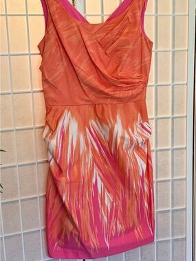 Sleeveless Asymmetrical Orange & Pink Print Draped Dress